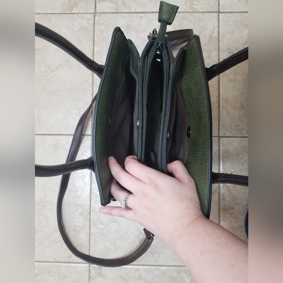 Sage Green Faux Leather Satchel w/ Brown Handle and Crossbody Strap - Picture 6 of 8